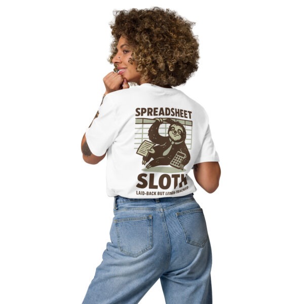 girl wearing Spreadsheet Sloth tee paired with jeans in a relaxed pose