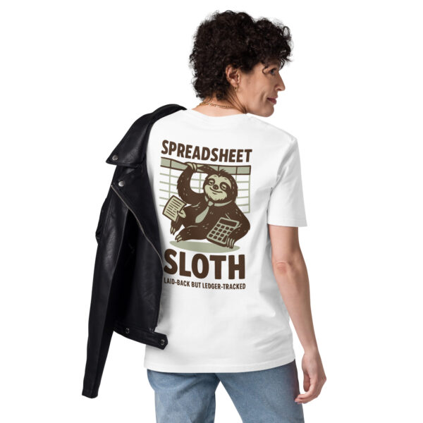 Model wearing Spreadsheet Sloth tee paired with jeans in a relaxed pose