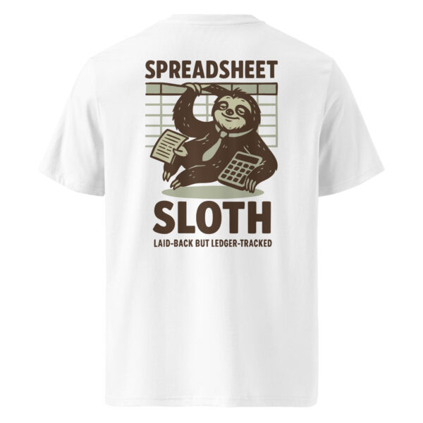 White tee with a sloth hanging from a spreadsheet grid holding a calculator and ledge
